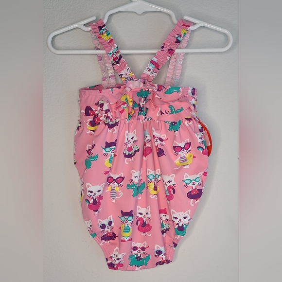 NWT Hatley - Girl's Felines in Fun Floats Mini Ruffle Pink Swim Suit, Sz 9-12M - Picture 3 of 3